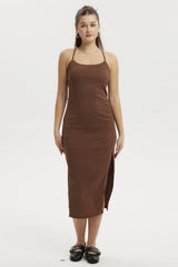 Vestido Mujer Largo Abertura Lateral Espalda Café