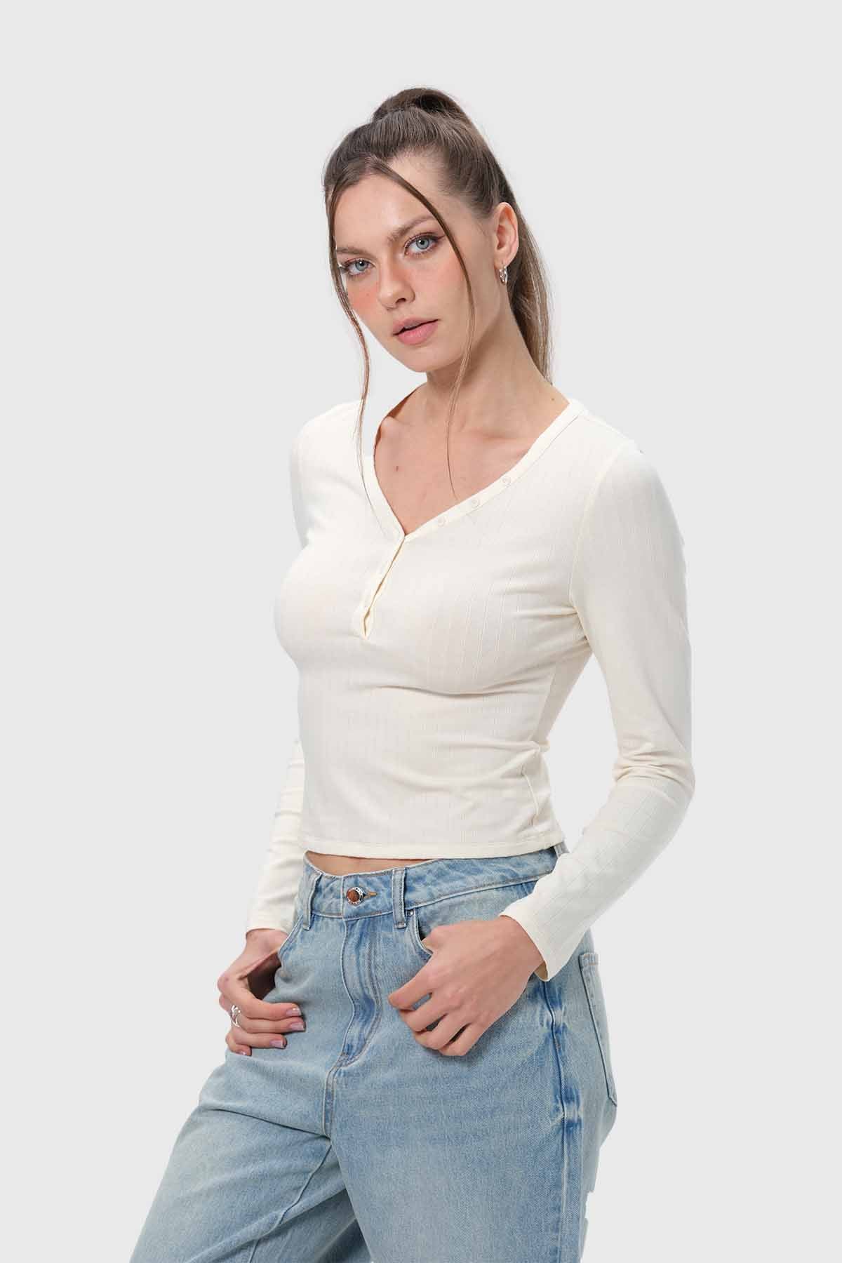 Polera Mujer Abotonada Crudo