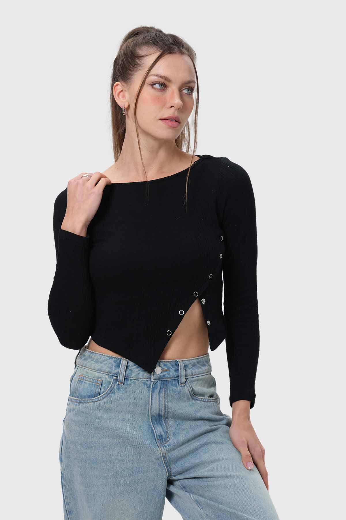 Polera Mujer Ojetillos En Costado Negro