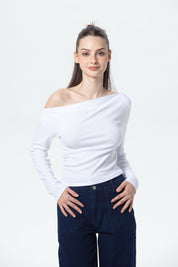 Polera Mujer Asimétrica Hombro Blanco