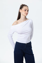 Polera Mujer Asimétrica Hombro Blanco