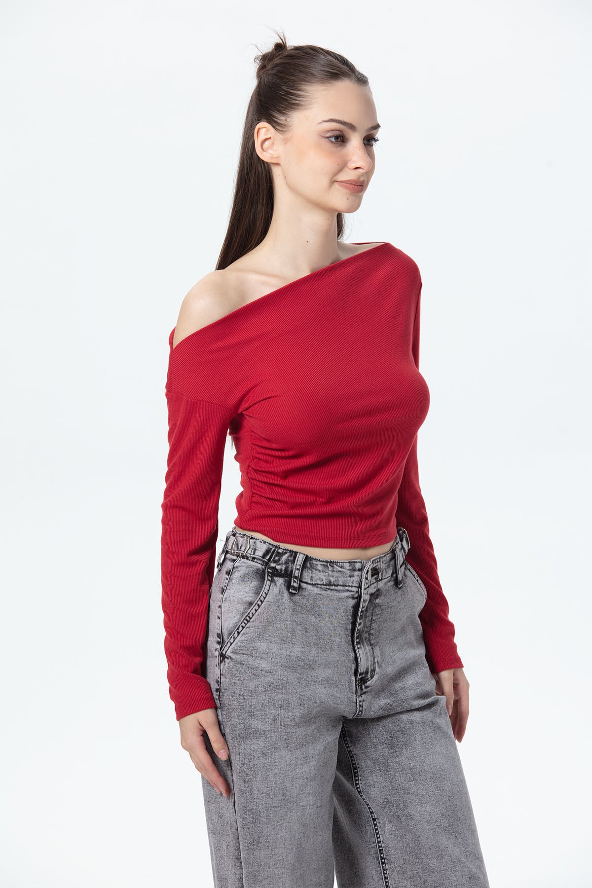 Polera Mujer Asimétrica Hombro Rojo