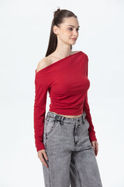Polera Mujer Asimétrica Hombro Rojo