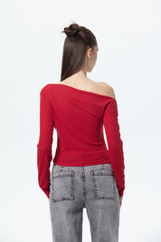 Polera Mujer Asimétrica Hombro Rojo