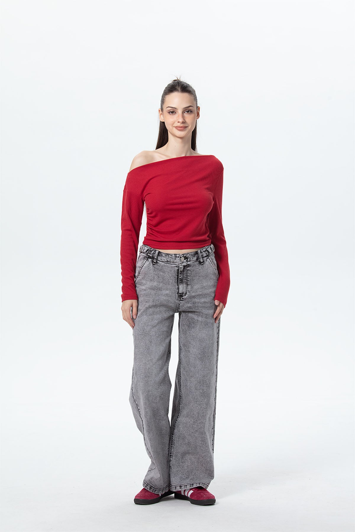 Polera Mujer Asimétrica Hombro Rojo