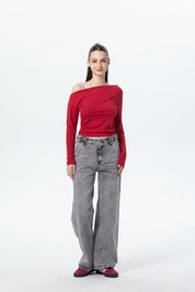 Polera Mujer Asimétrica Hombro Rojo