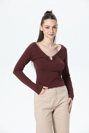 Polera Mujer Aplicación Escote Chocolate