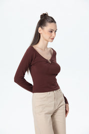 Polera Mujer Aplicación Escote Chocolate