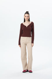 Polera Mujer Aplicación Escote Chocolate