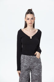 Polera Mujer Aplicación Escote Negro
