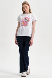 Polera Mujer Básica Print Blanco / Rosado