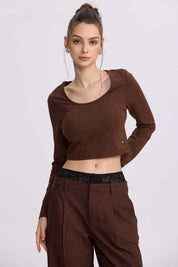 Polera café lisa de mujer de manga larga