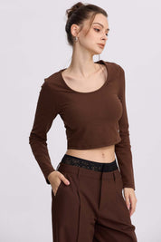 Polera café lisa de mujer de manga larga