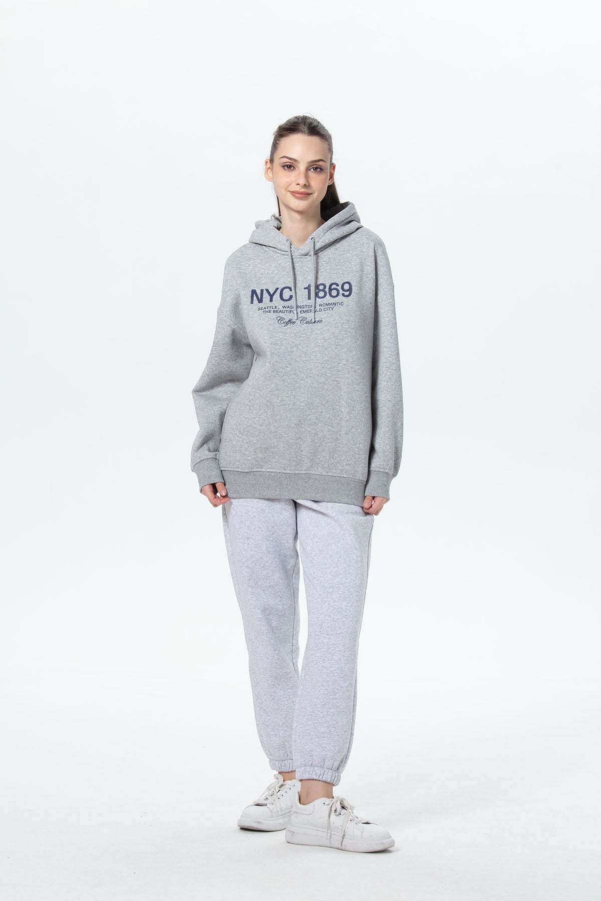 Polerón Mujer Oversize Print Gris Melange