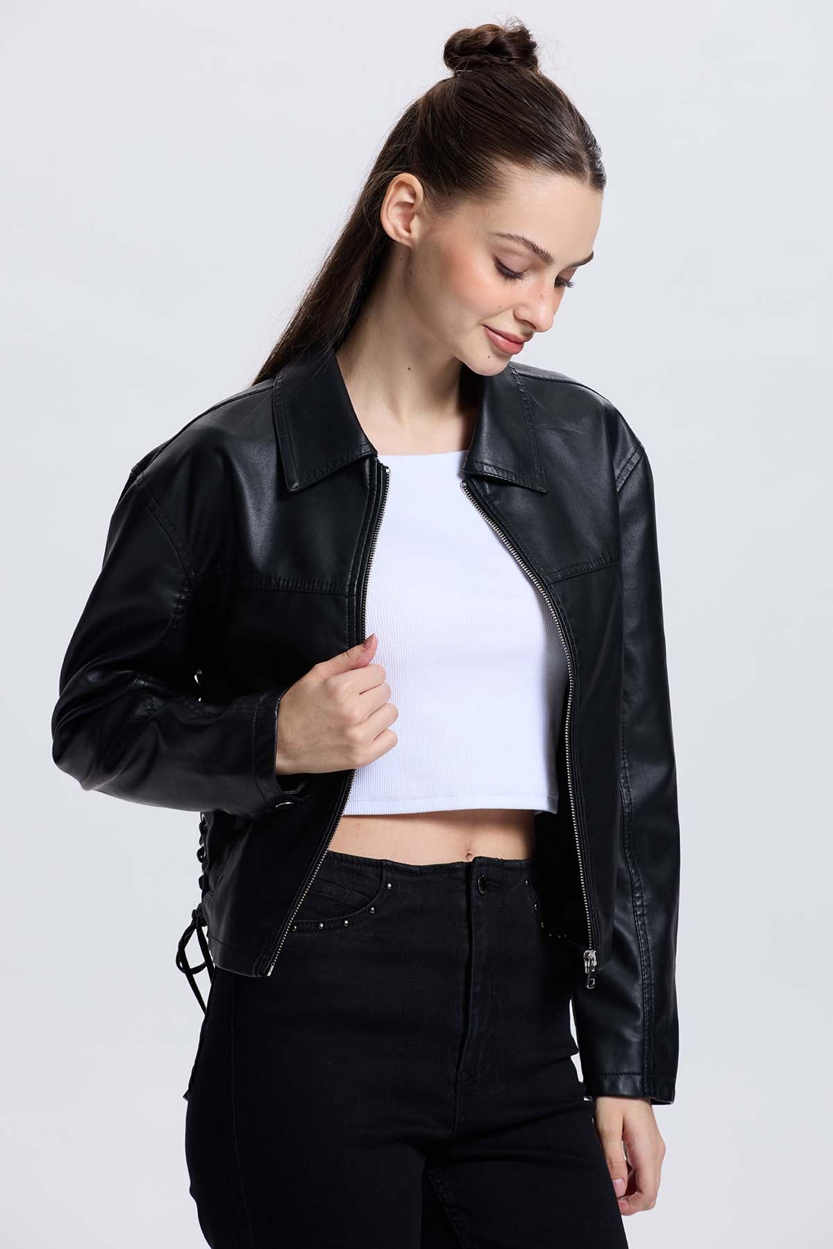 Chaqueta Mujer Efecto Cuero Negro