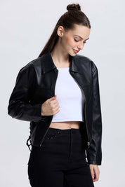 Chaqueta Mujer Efecto Cuero Negro