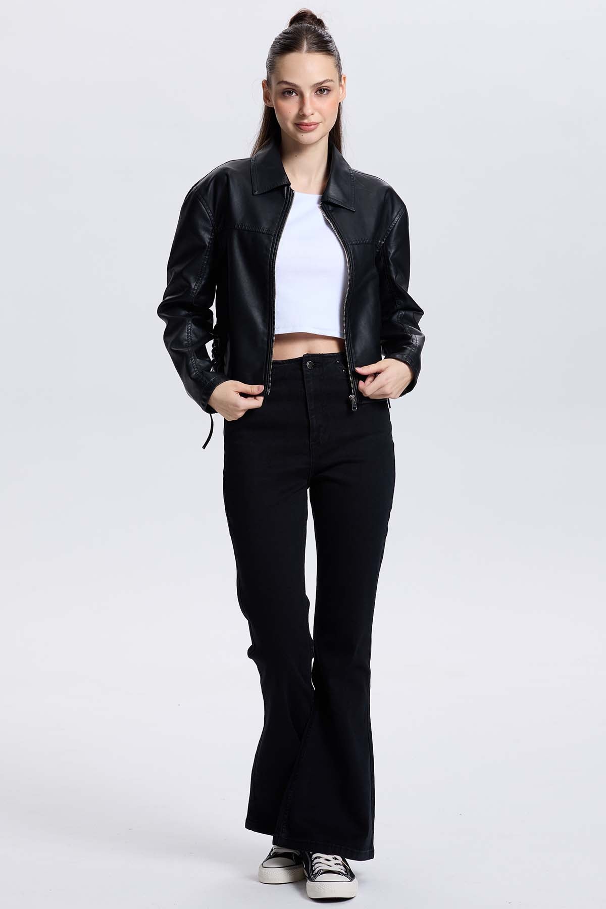 Chaqueta Mujer Efecto Cuero Negro