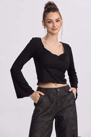 Polera mujer escote V negro con manga larga