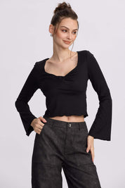Polera mujer escote V negro con manga larga