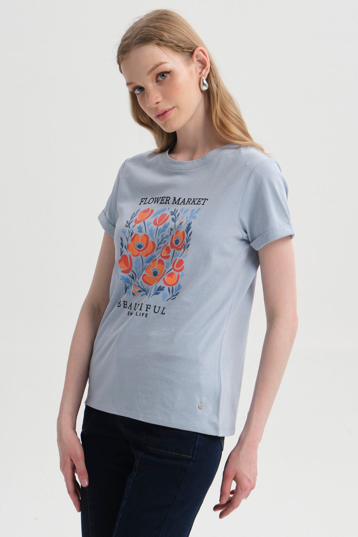 Polera Mujer Gráfica Roll Up Celeste