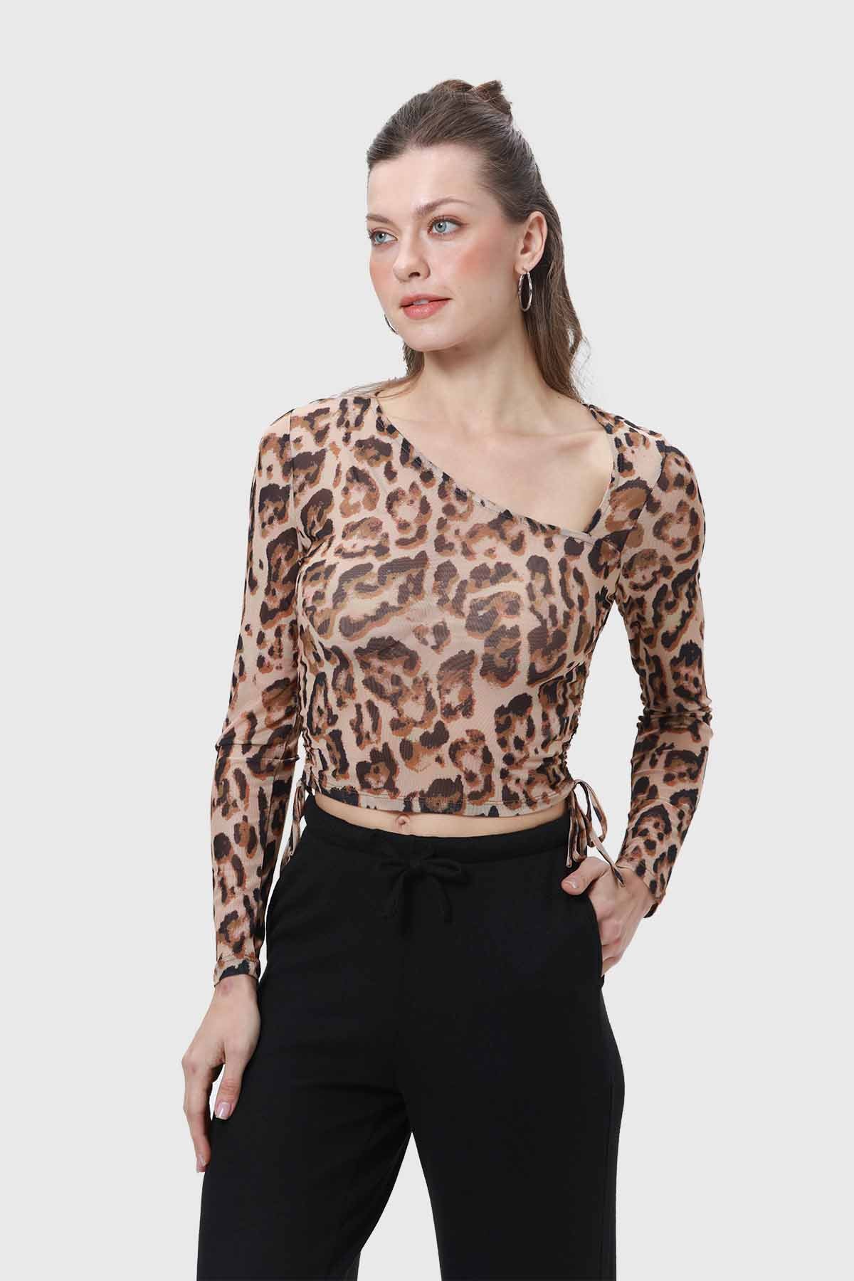 Polera Mujer Leopardo Asimétrico Café
