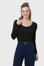 Polera Mujer Rib Botones Negro