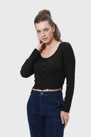 Polera Mujer Rib Botones Negro