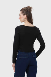 Polera Mujer Rib Botones Negro