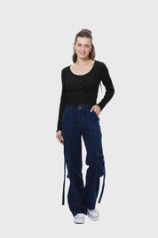 Polera Mujer Rib Botones Negro
