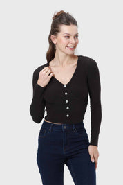 Polera Mujer Escote Botones Negro