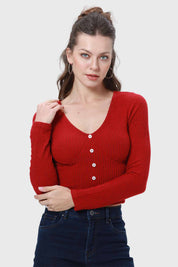 Polera Mujer Escote Botones Rojo