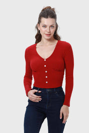 Polera Mujer Escote Botones Rojo