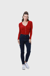Polera Mujer Escote Botones Rojo