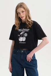 Polera Mujer Print Crop Negro