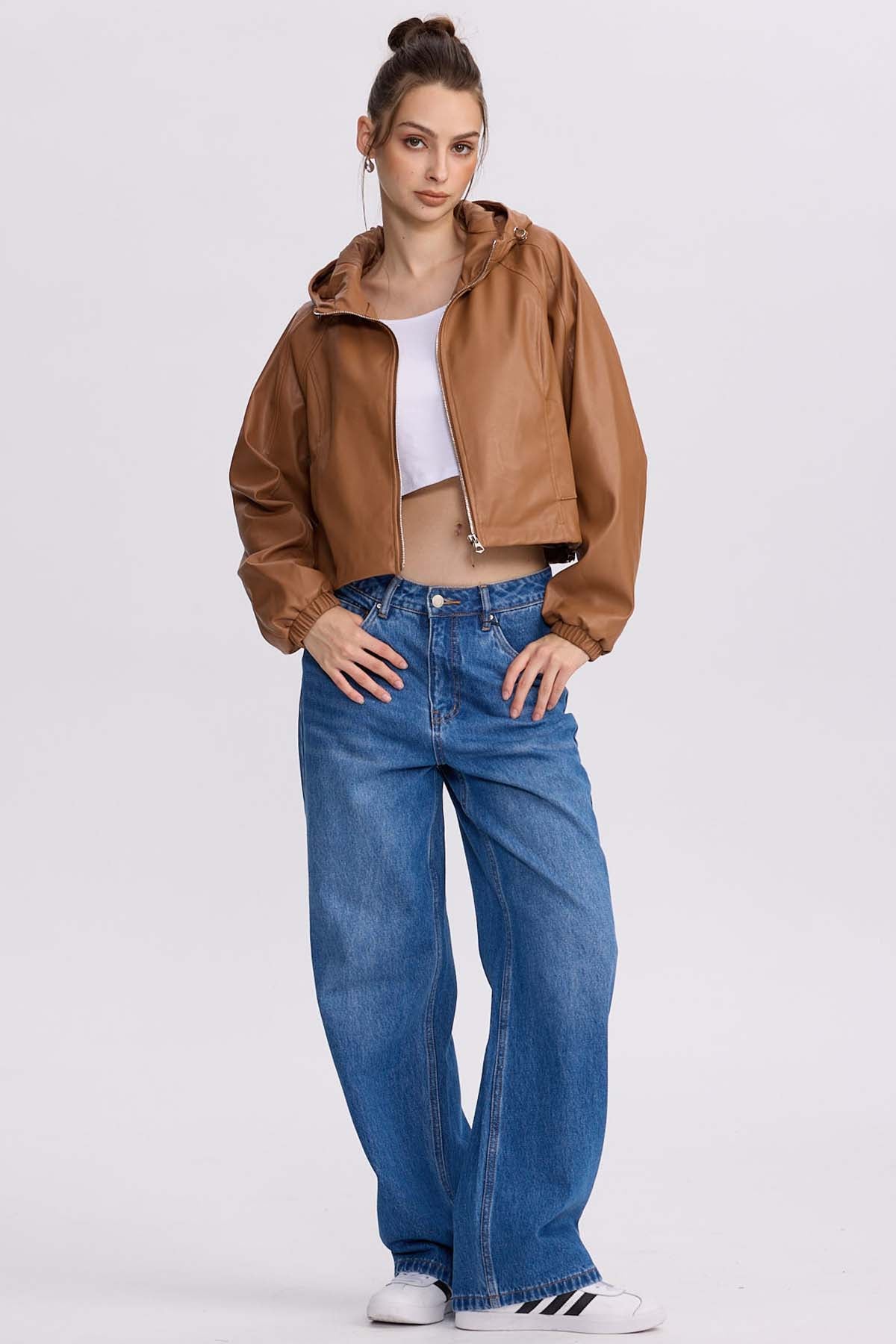 Chaqueta Mujer Efecto Cuero Camel