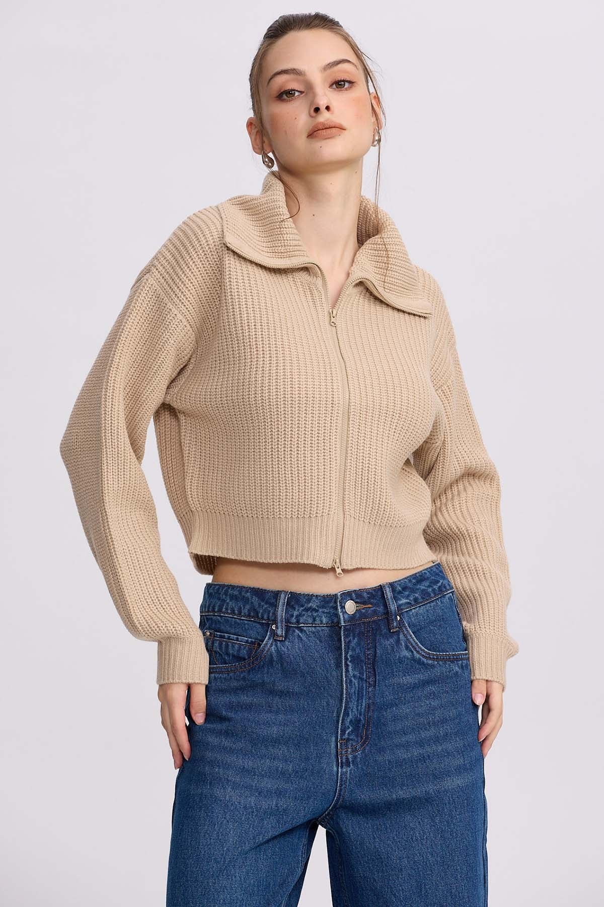 Sweater Mujer Full Zipper Beige