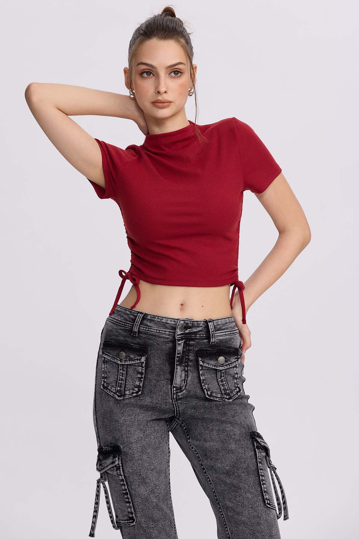 Polera Mujer Recogido Costado Burdeo