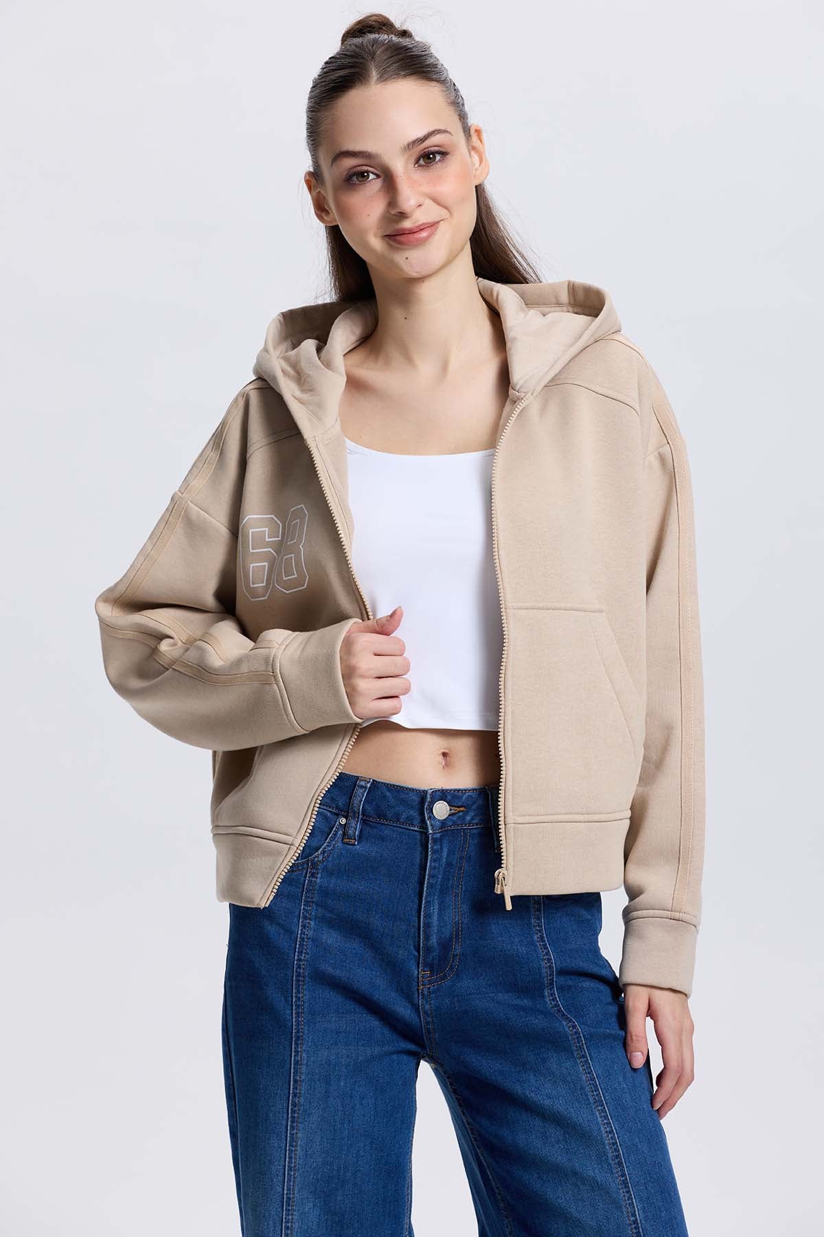 Polerón Mujer Full Zipper Beige