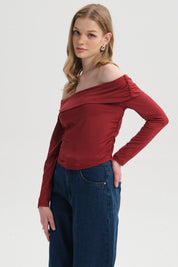 Polera Mujer Drapeada Malla Burdeo