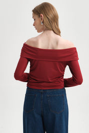Polera Mujer Drapeada Malla Burdeo
