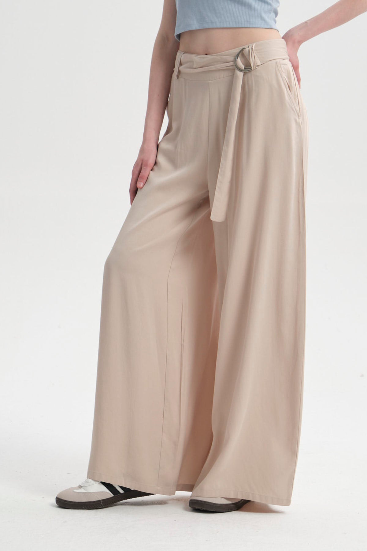 Pantalón Mujer Palazzo Cinturón Beige