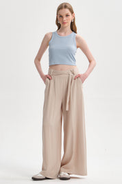 Pantalón Mujer Palazzo Cinturón Beige