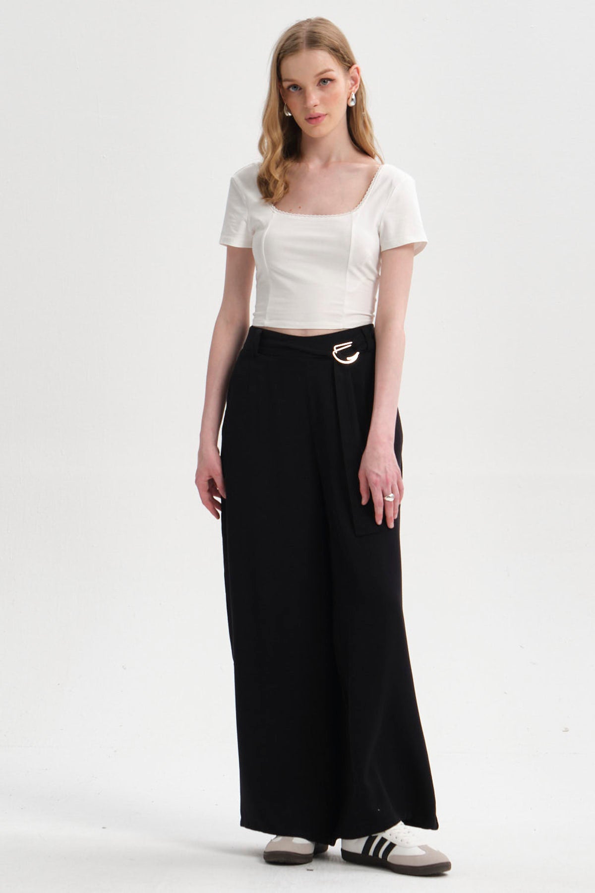 Pantalón Mujer Palazzo Cinturón Negro