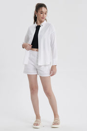 Blusa mujer lino crop blanca con mangas largas y corte relajado