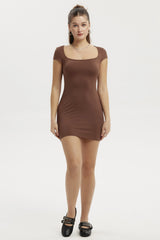Vestido Mujer Escote Cuadrado Cafe