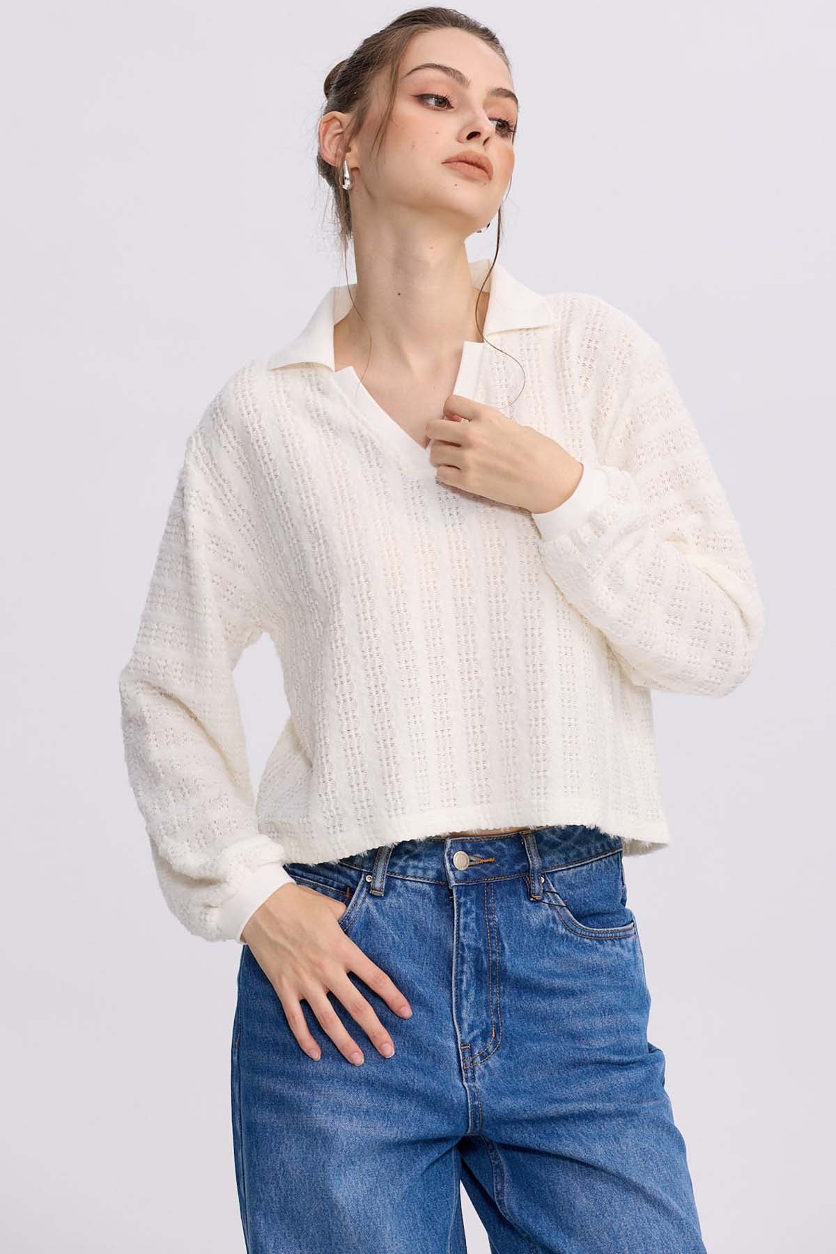 Polerón Mujer Cuello Camisero Crudo