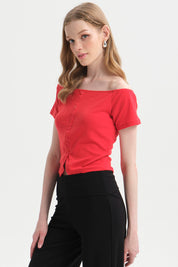 Polera Mujer Bardot Botones Rojo