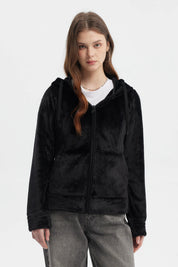 Polar mujer abierto plush negro sin estampa con capucha y cierre frontal estilo casual y relajado