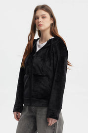 Polar mujer abierto plush negro sin estampa con capucha y cierre frontal estilo casual y relajado