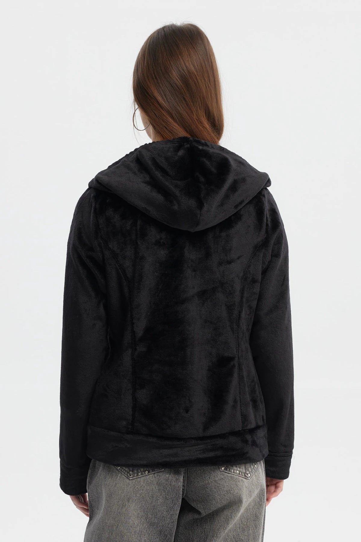 Polar mujer abierto plush negro sin estampa con capucha y cierre frontal estilo casual y relajado